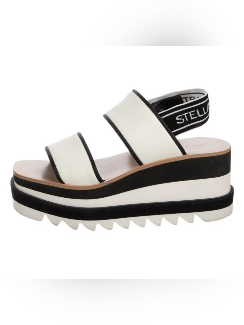 🇮🇹Stella McCartney Elyse Size 39 White/Black Fabric Wedge Sandals